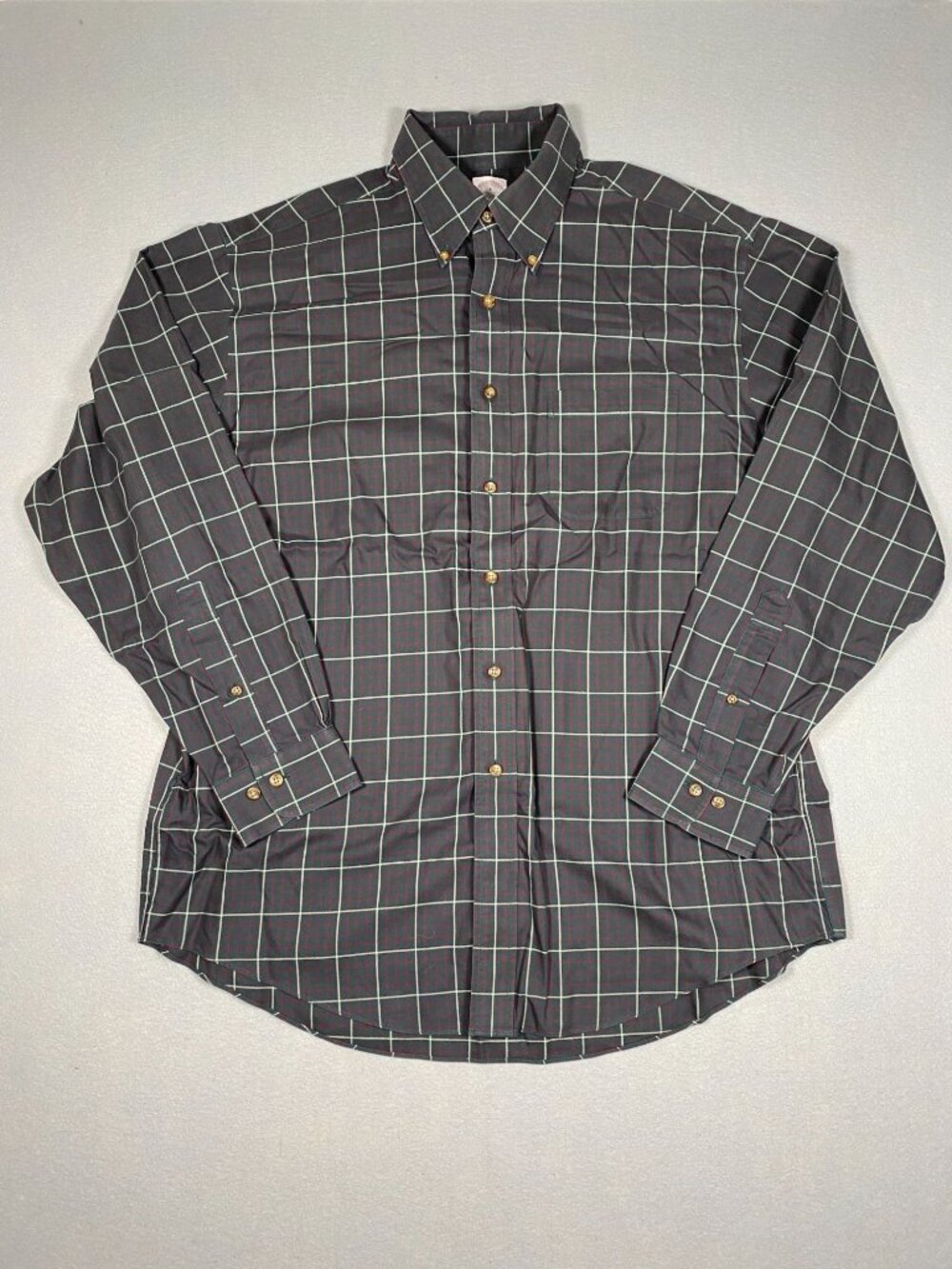 Brooks Brothers 346 Mens Non-Iron Large Black Plaid Button-Down Shirt Cotton